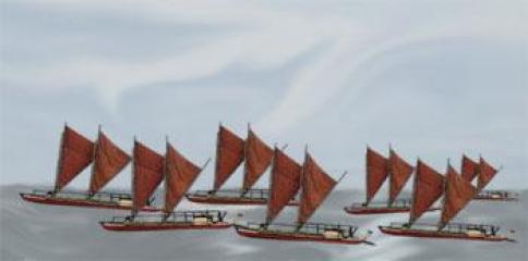 Painting of Polynesian waka at sea.